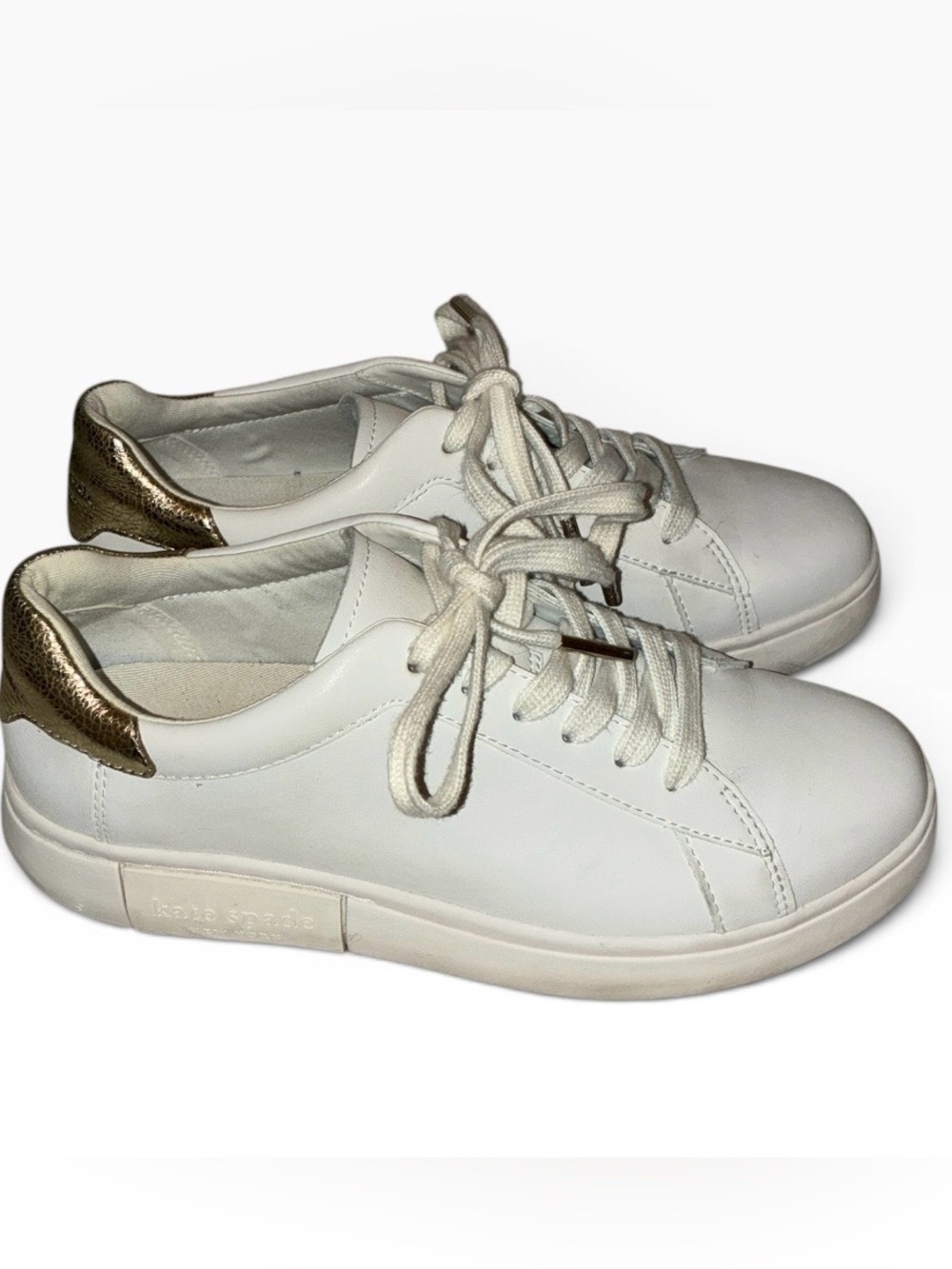Kate Spade Lift Sneakers White Leather Sneakers with Metallic Gold Heel Sz 8